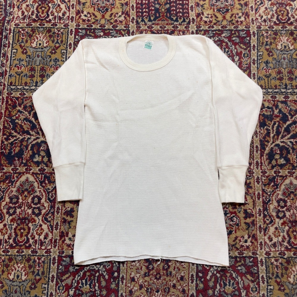 Mens White Thermal Long Sleeve Crew Neck Shirt L 42-44 50% Polyester 50% Cotton‎